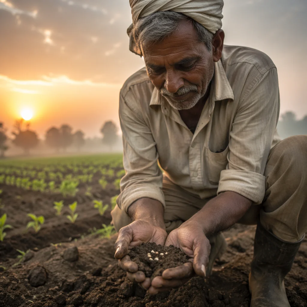 Farmer Praying with Soil and Seeds at Dawn