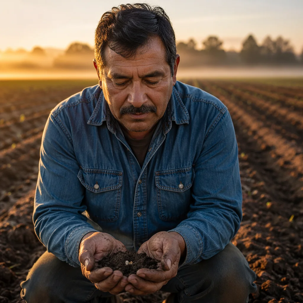 Farmer Praying with Soil and Seeds