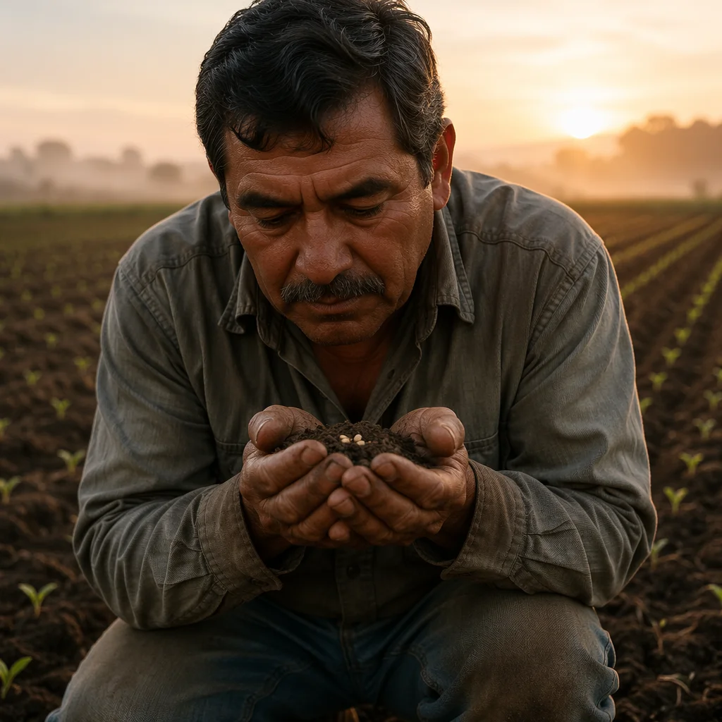 Farmer Praying Over Seeds at Dawn