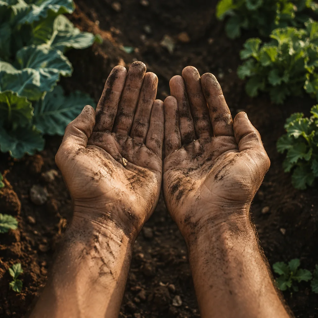 Farmer Hands Praying Over Seeds and Soil