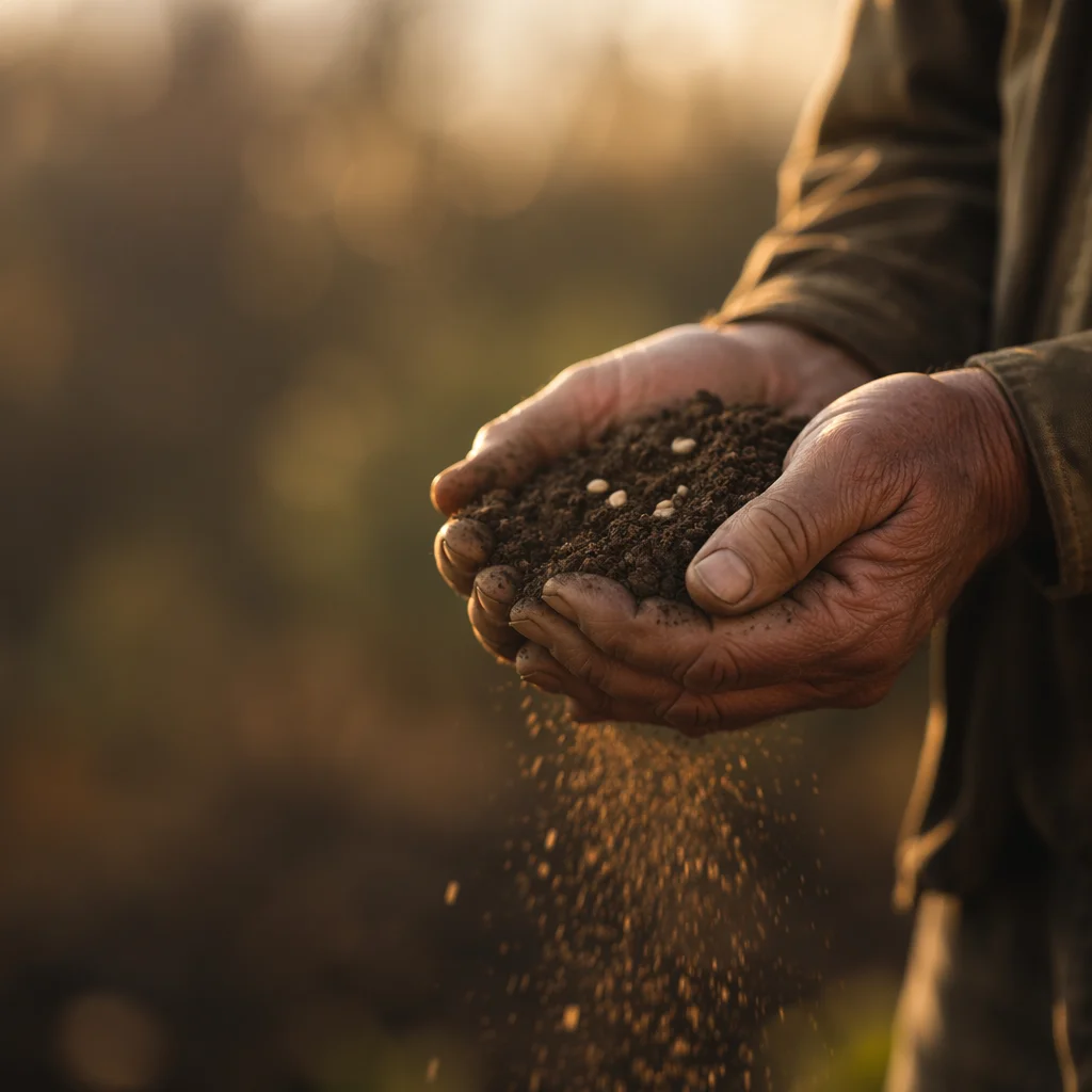 Farmer Hands Praying Over Soil and Seeds