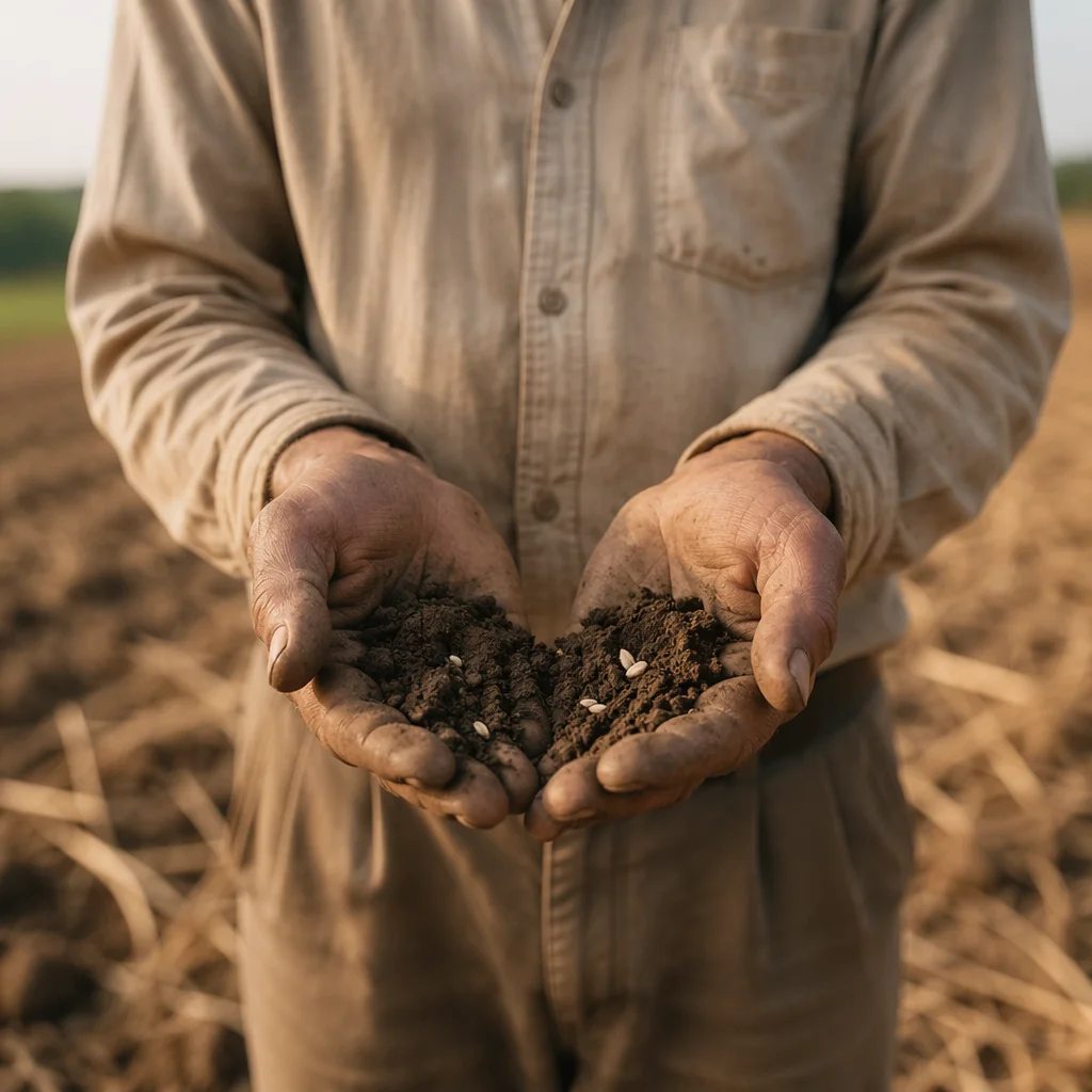 Praying Farmer Hands Holding Soil and Seeds