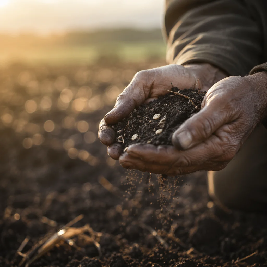 Praying Farmer Hands Holding Soil and Seeds