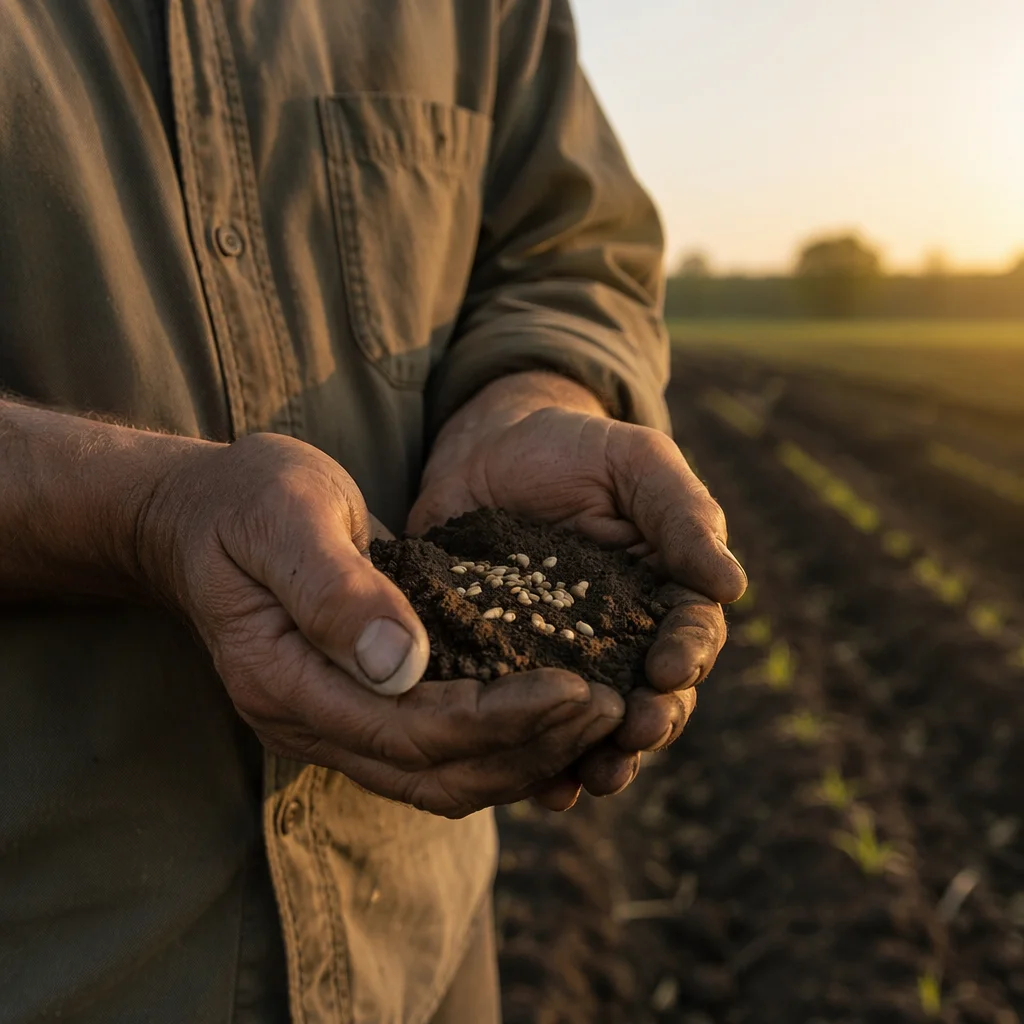 Prayerful Farmer Hands Holding Soil and Seeds