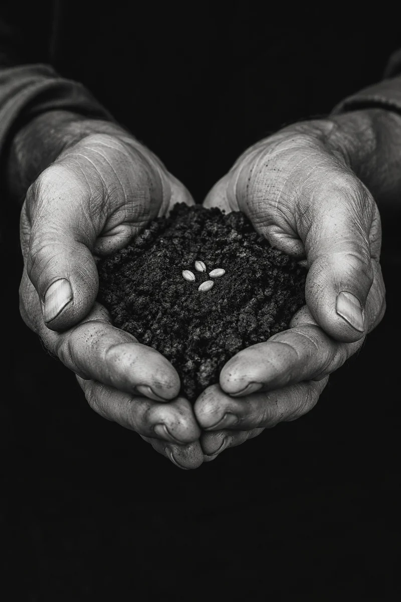Praying Farmer Hands Holding Soil and Seeds