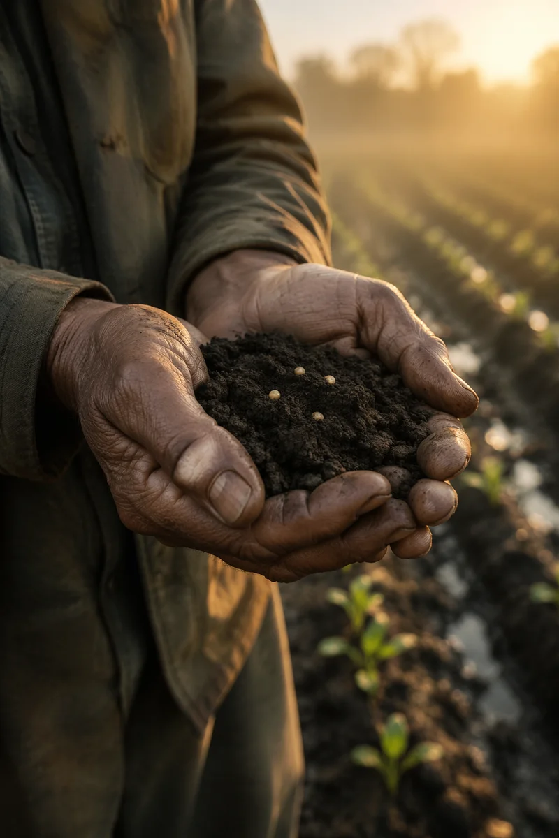 Farmer Hands Holding Seeds in Prayer