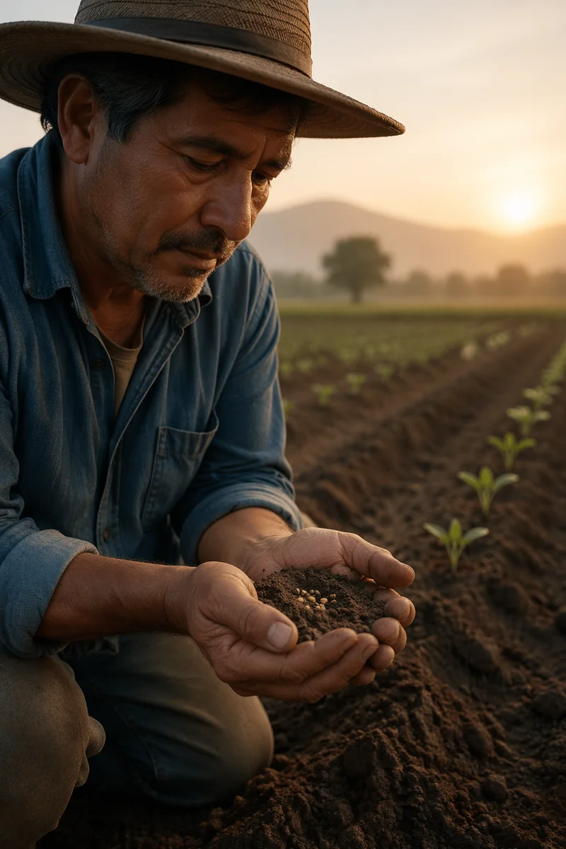 Farmer Praying with Soil and Seeds