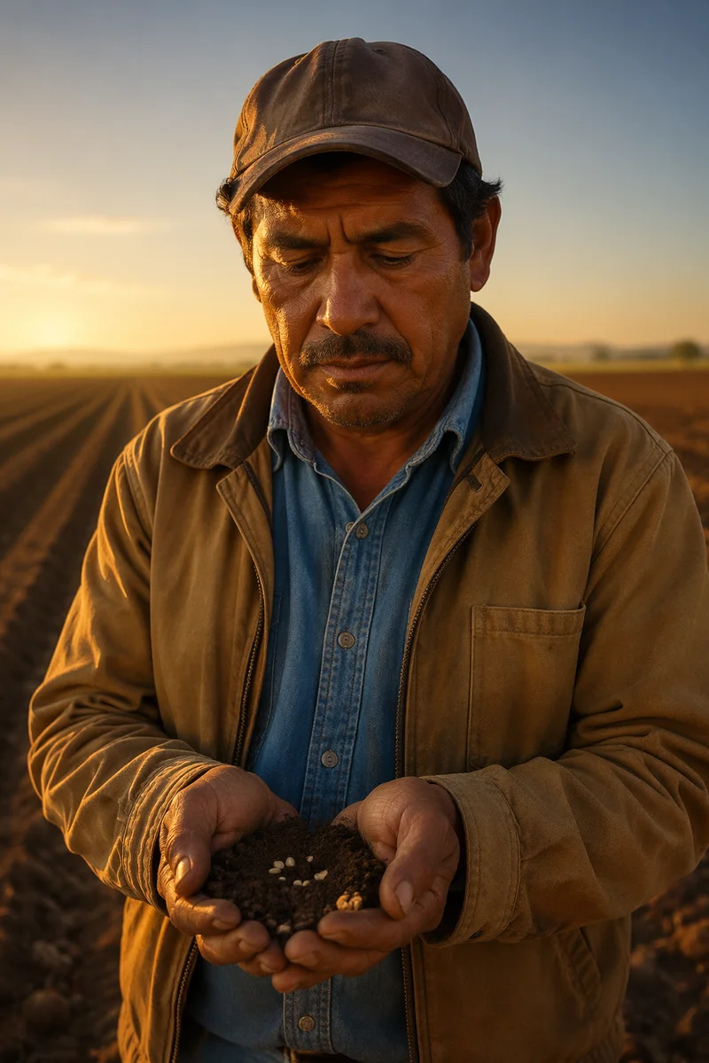 Farmer Praying with Soil and Seeds
