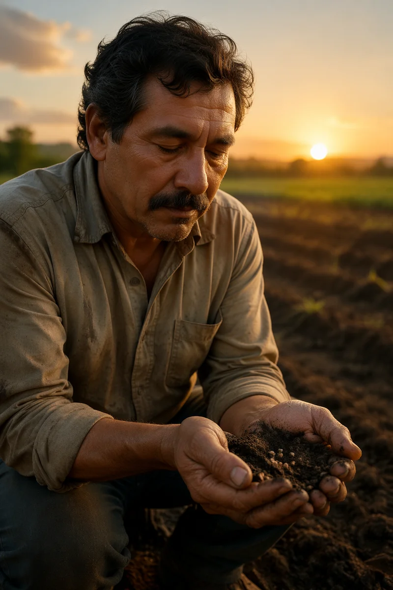Farmer Praying with Soil and Seeds