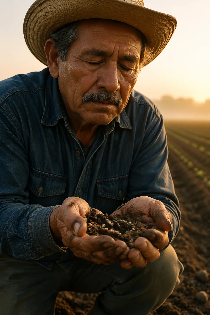 Farmer Holding Soil and Seeds at Sunrise