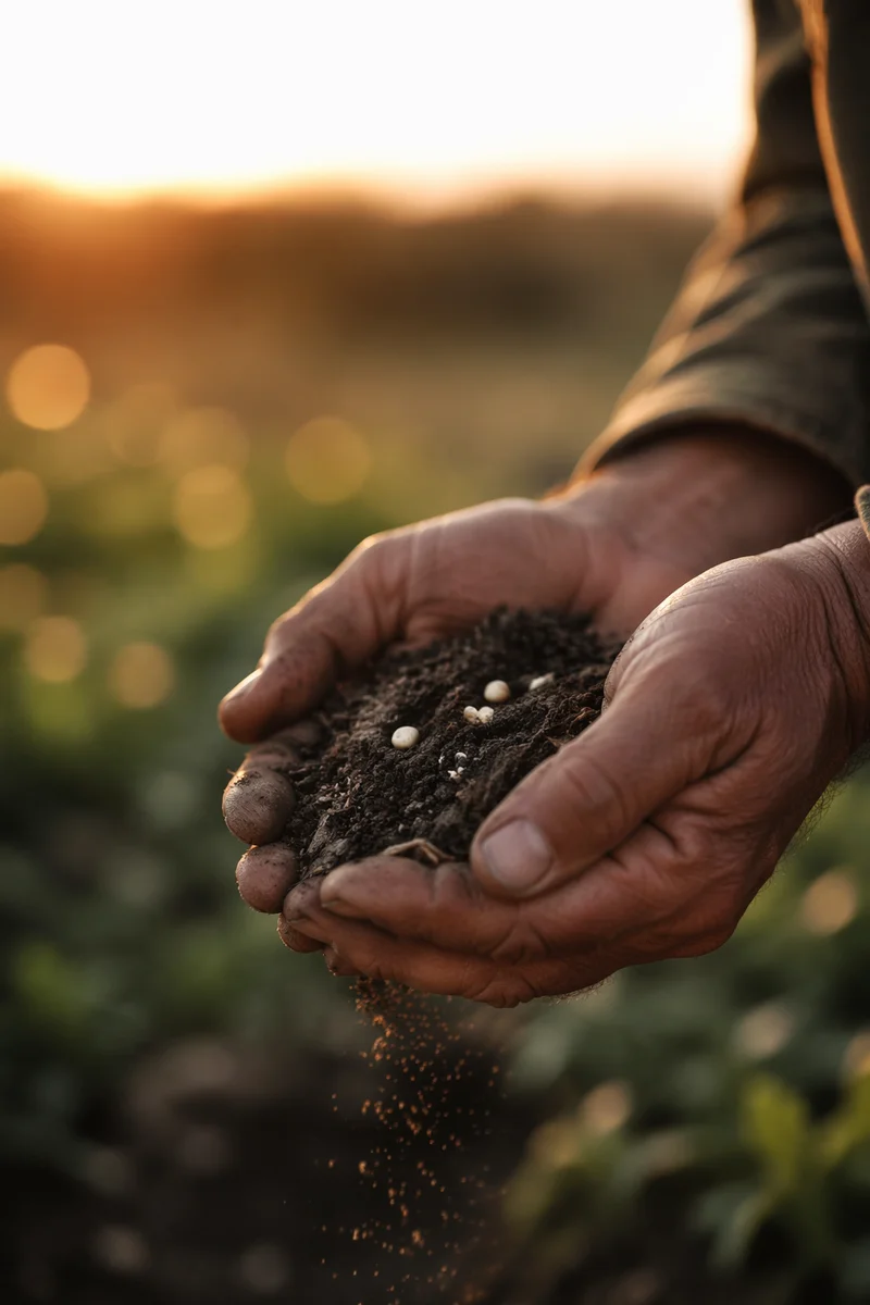 Prayerful Farmer Hands Holding Soil and Seeds