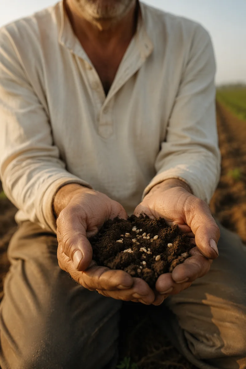 Farmer Hands in Prayer with Seeds