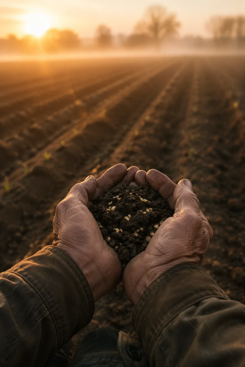 Farmer Hands Praying Over Seeds in Soil