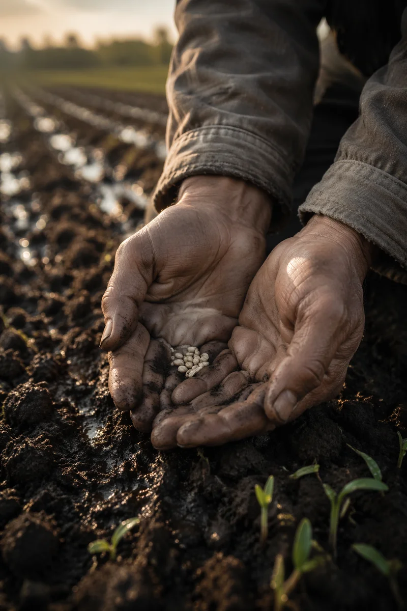 Farmer Hands Praying Over Seeds at Sunrise
