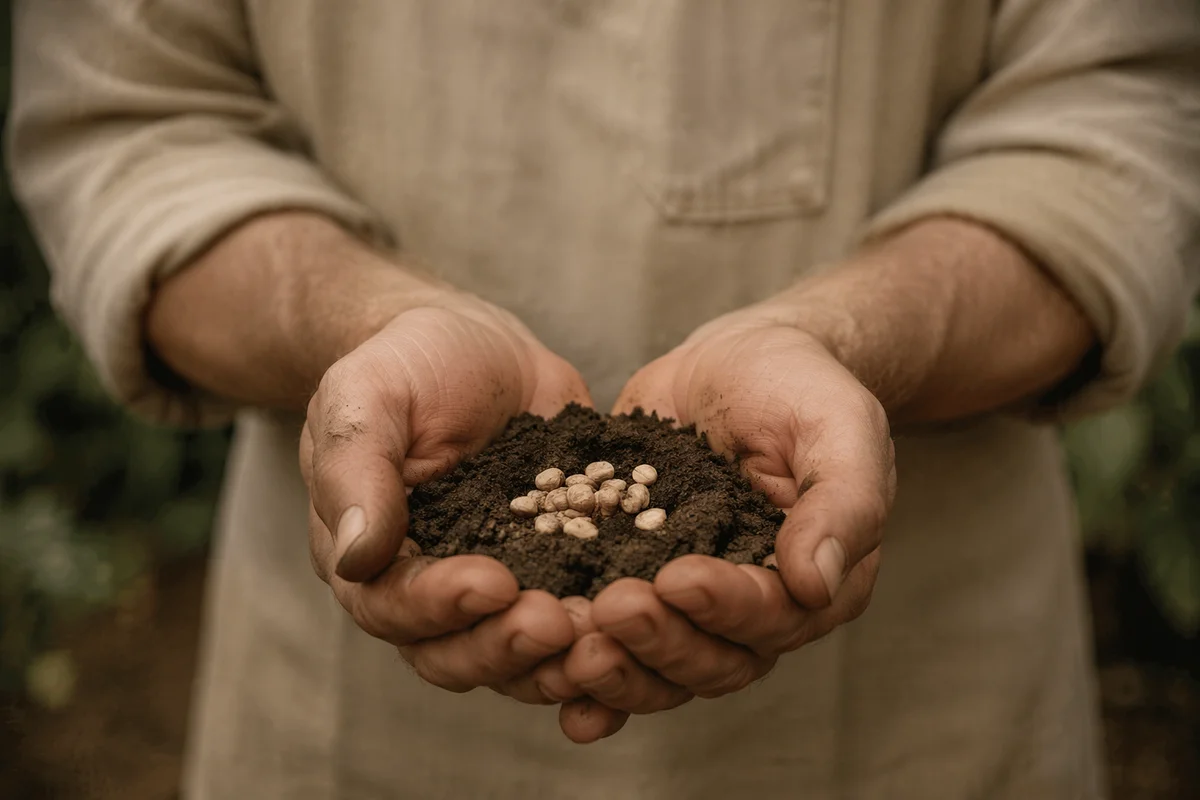 Prayerful Farmer Hands Holding Soil and Seeds