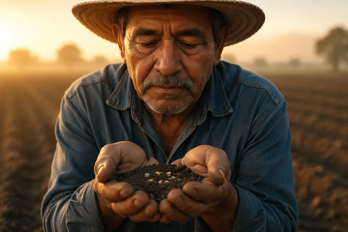 Farmer Holding Soil and Seeds at Sunrise