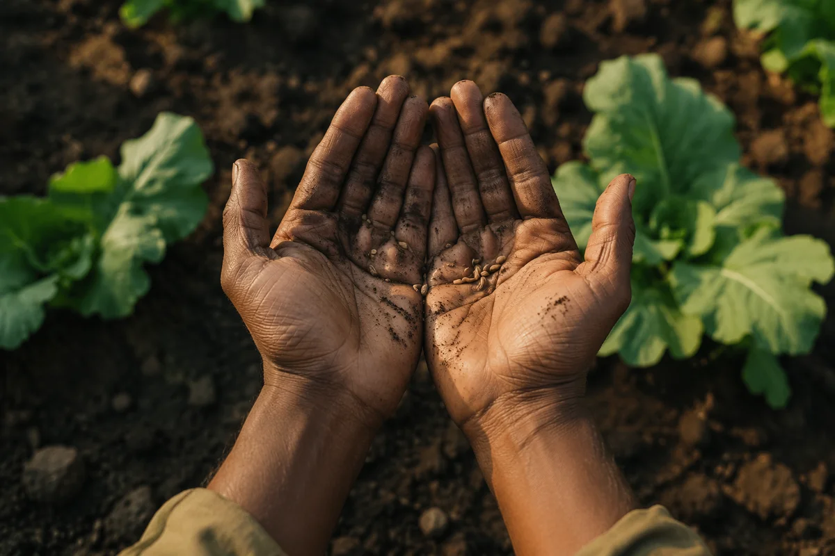 Farmer Hands Praying Over Seeds and Soil