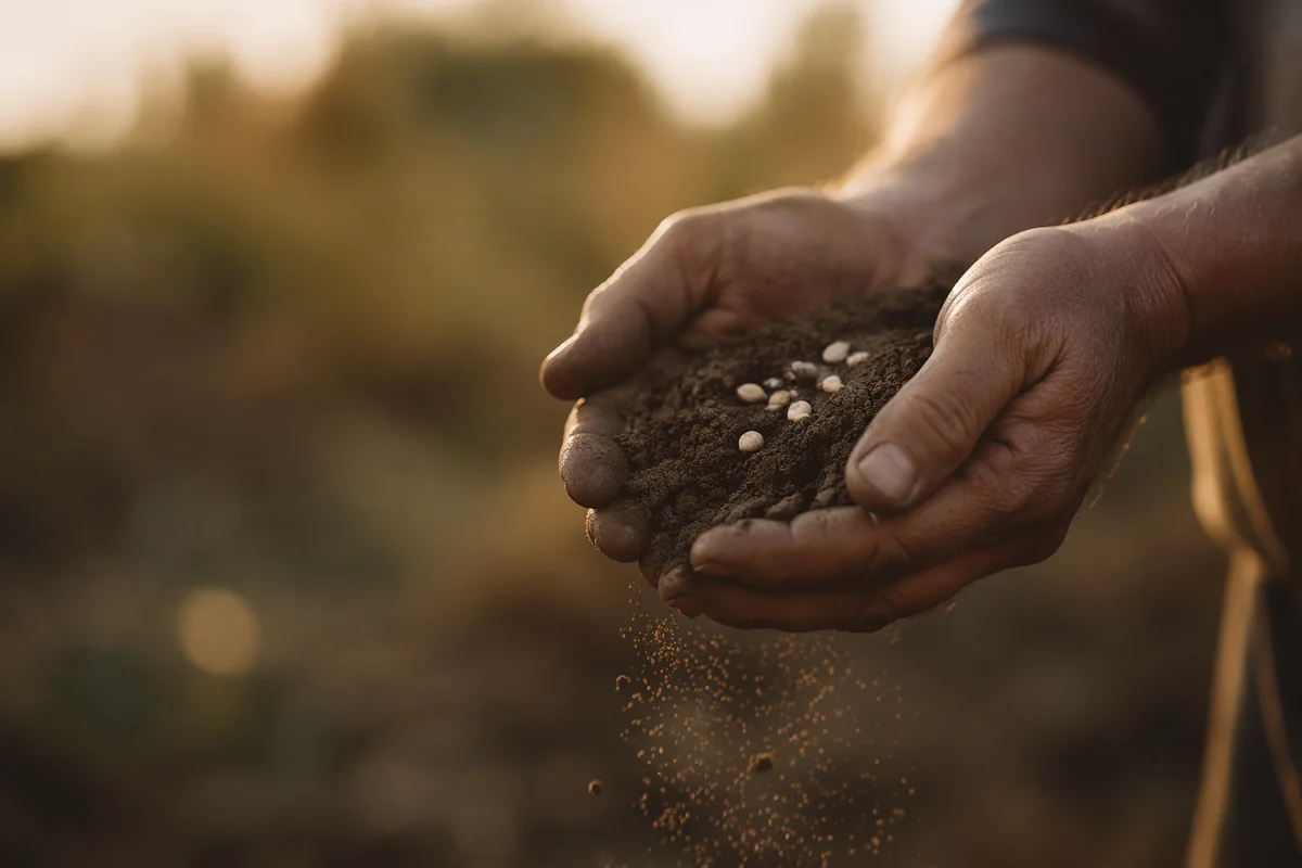 Prayerful Farmer Hands Holding Soil and Seeds