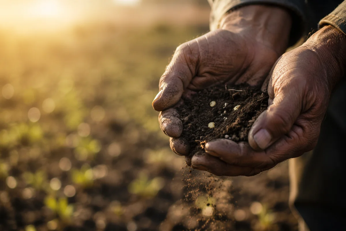 Prayerful Farmer Hands Holding Soil and Seeds