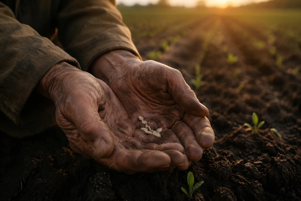 Farmer Hands Praying Over Seeds and Soil