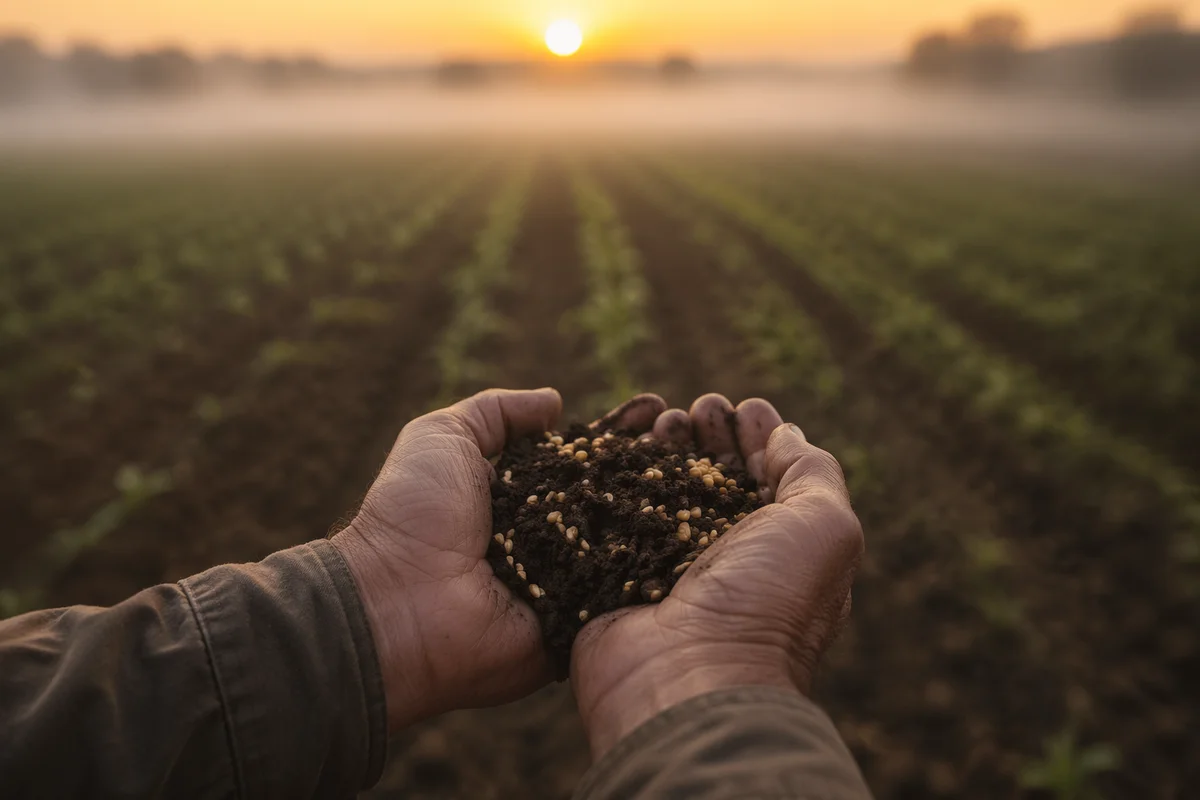Prayerful Farmer Hands Holding Soil and Seeds