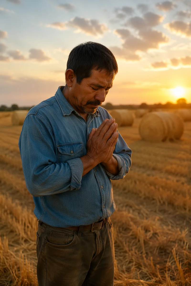 Farmer Praying by Harvested Wheat Field