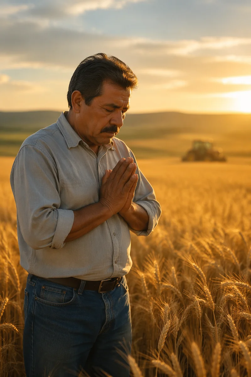 Farmer Praying in Wheat Field at Sunset