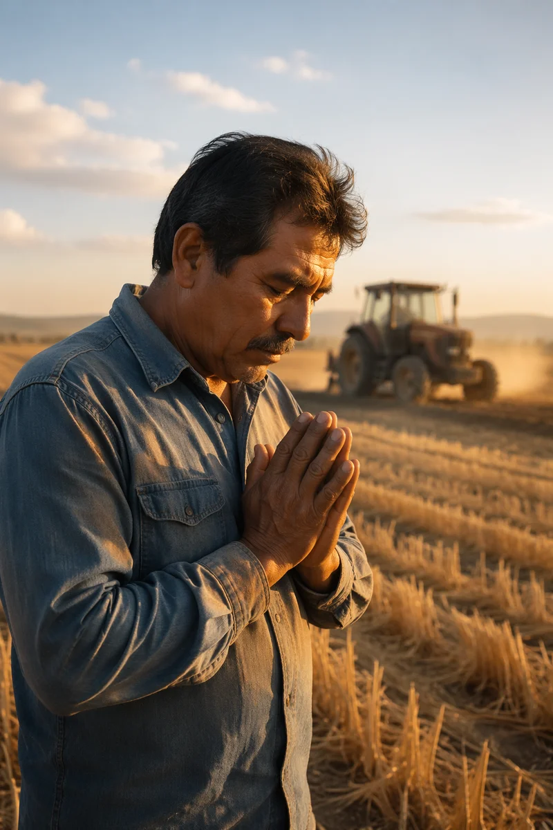 Farmer Praying in Golden Harvest Field
