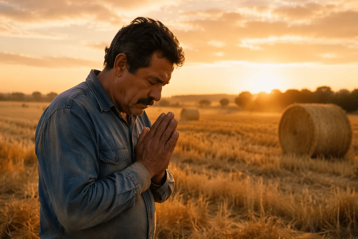 Farmer Praying by Harvested Wheat Field