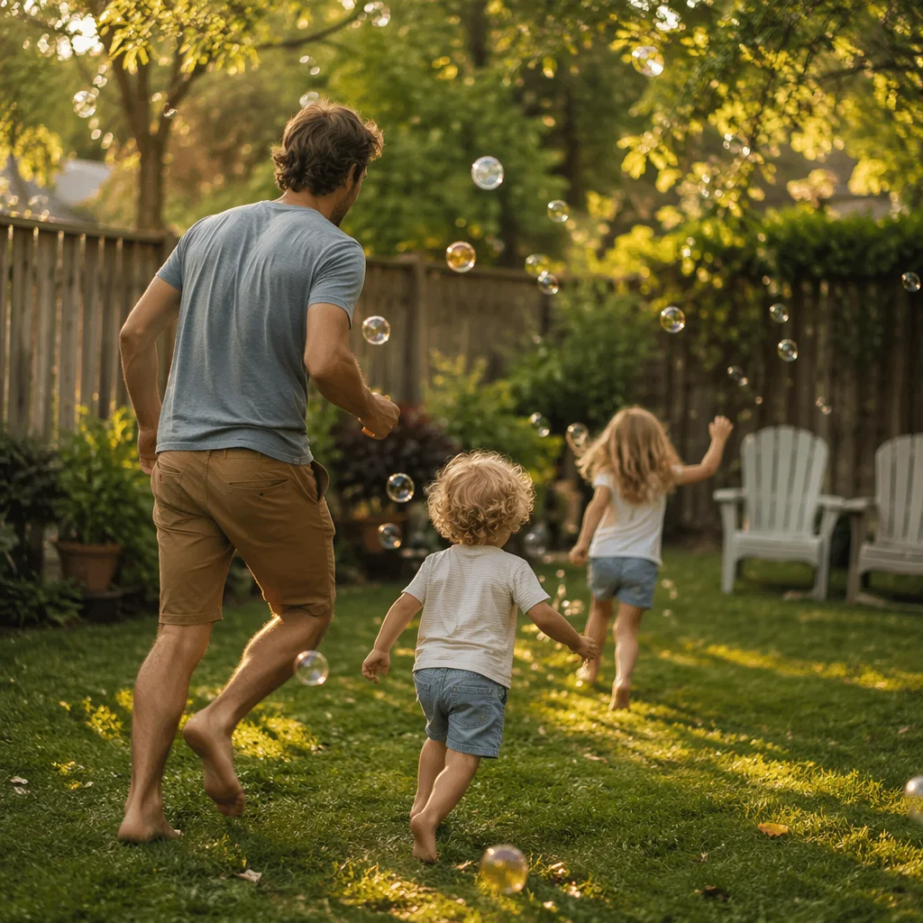 Father Playing with Kids in Backyard