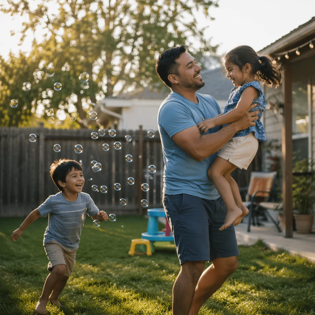 Father Playing with Children in Backyard