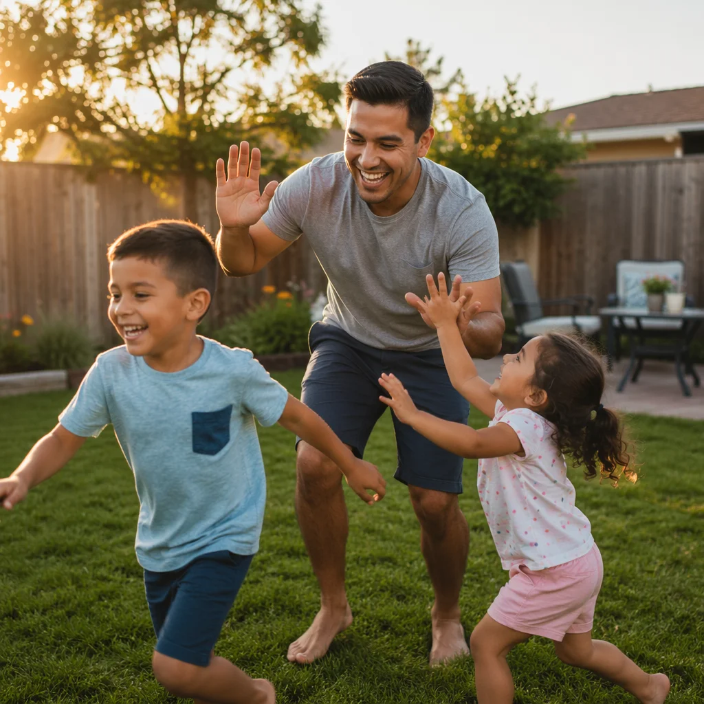 Father Playing Tag with Children Backyard