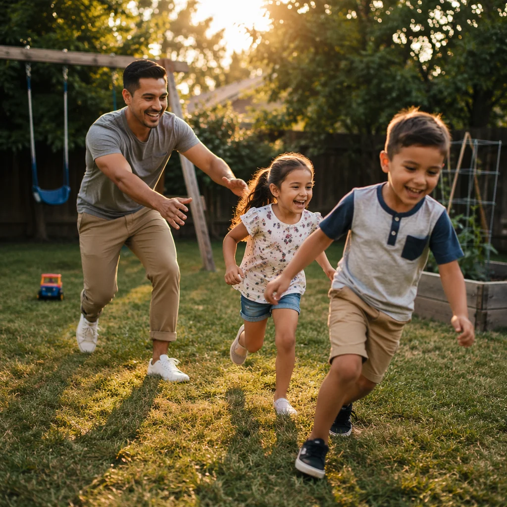 Father Playing Tag with Children Backyard