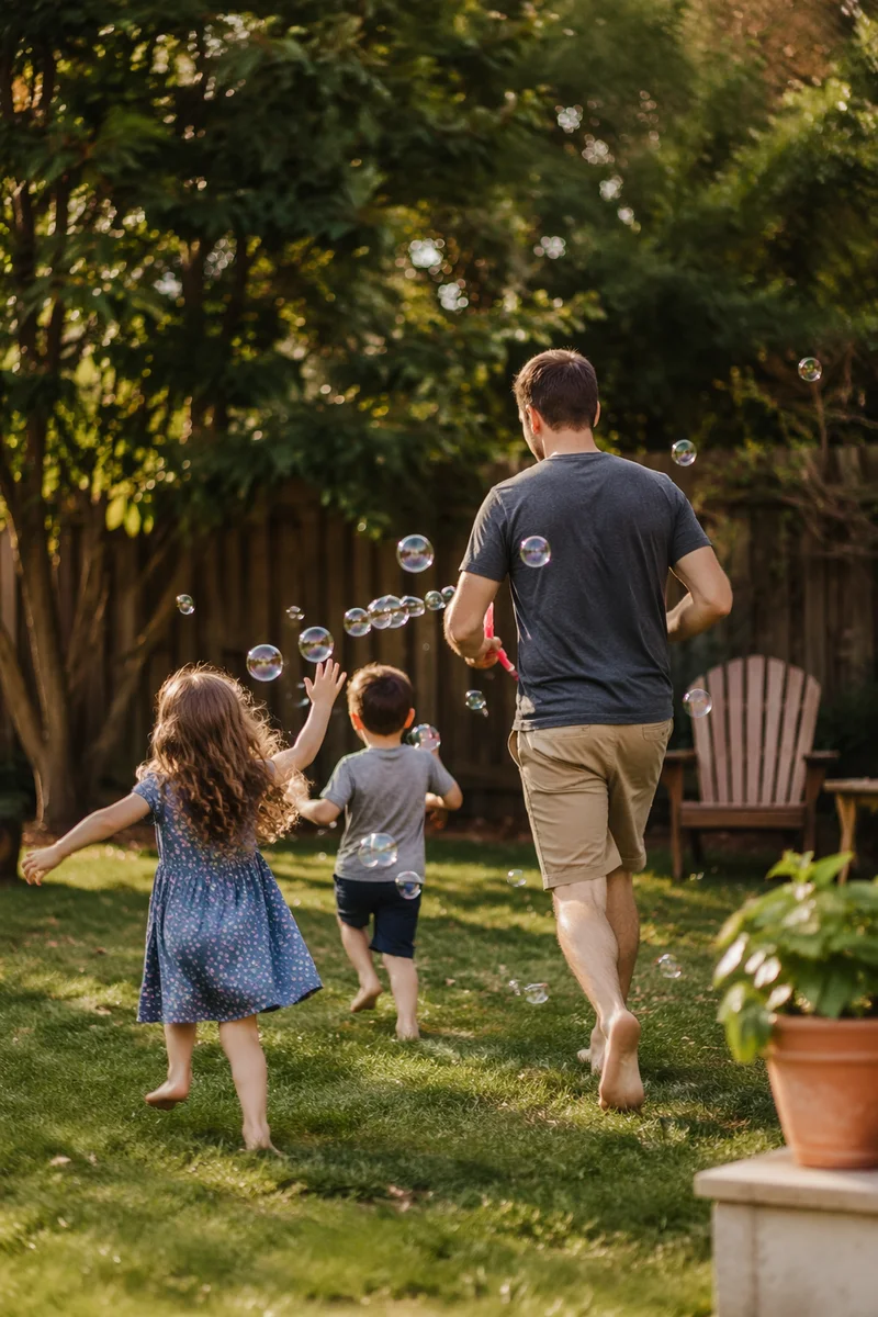 Father Playing with Children in Backyard