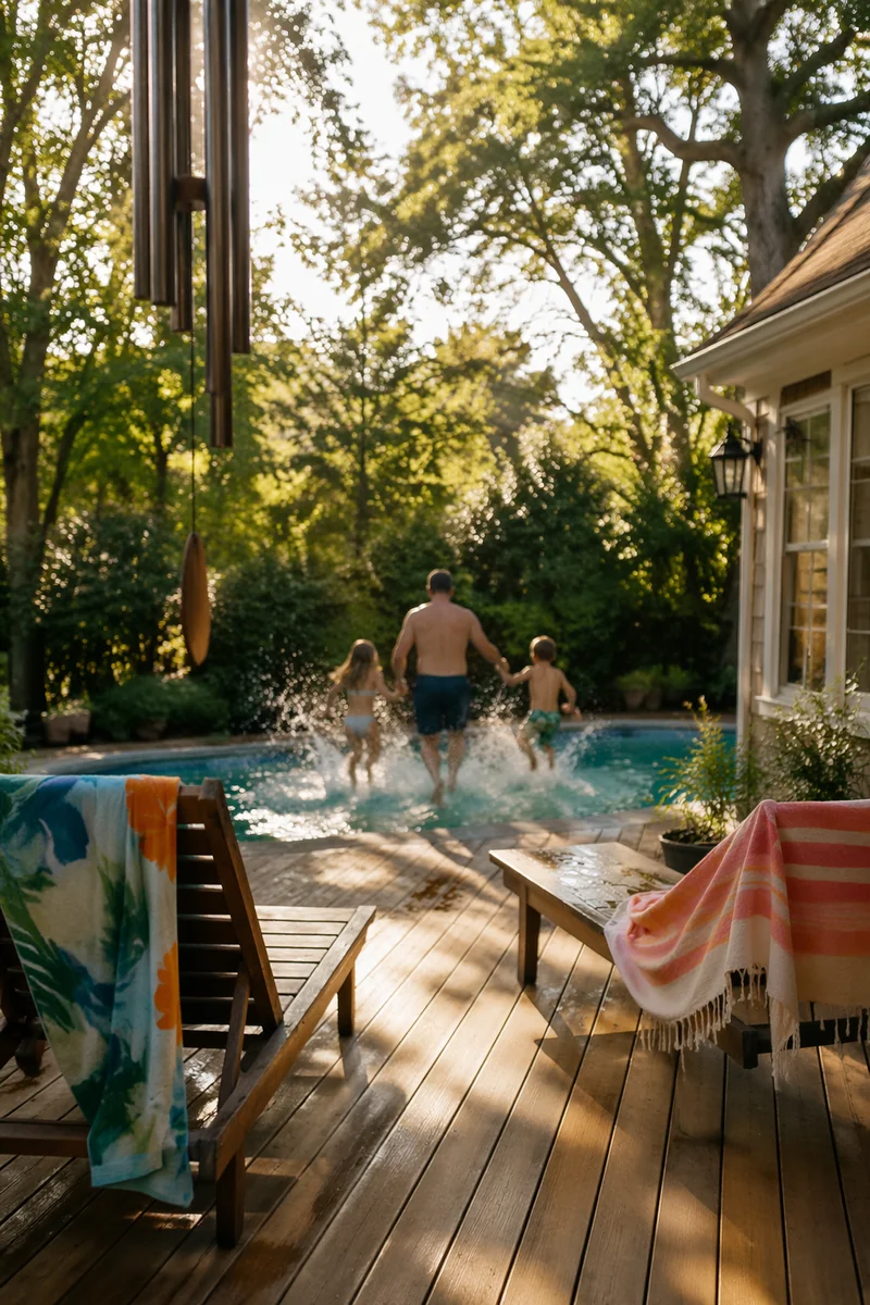 Father Playing With Children by Backyard Pool