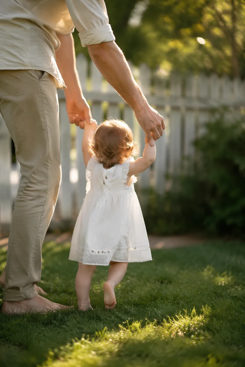 Father Helping Toddler Walk in Backyard