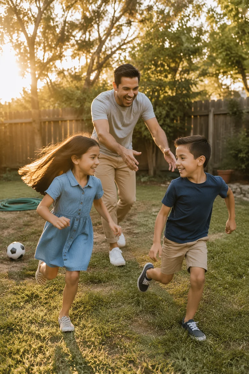 Father Playing Tag With Children Backyard