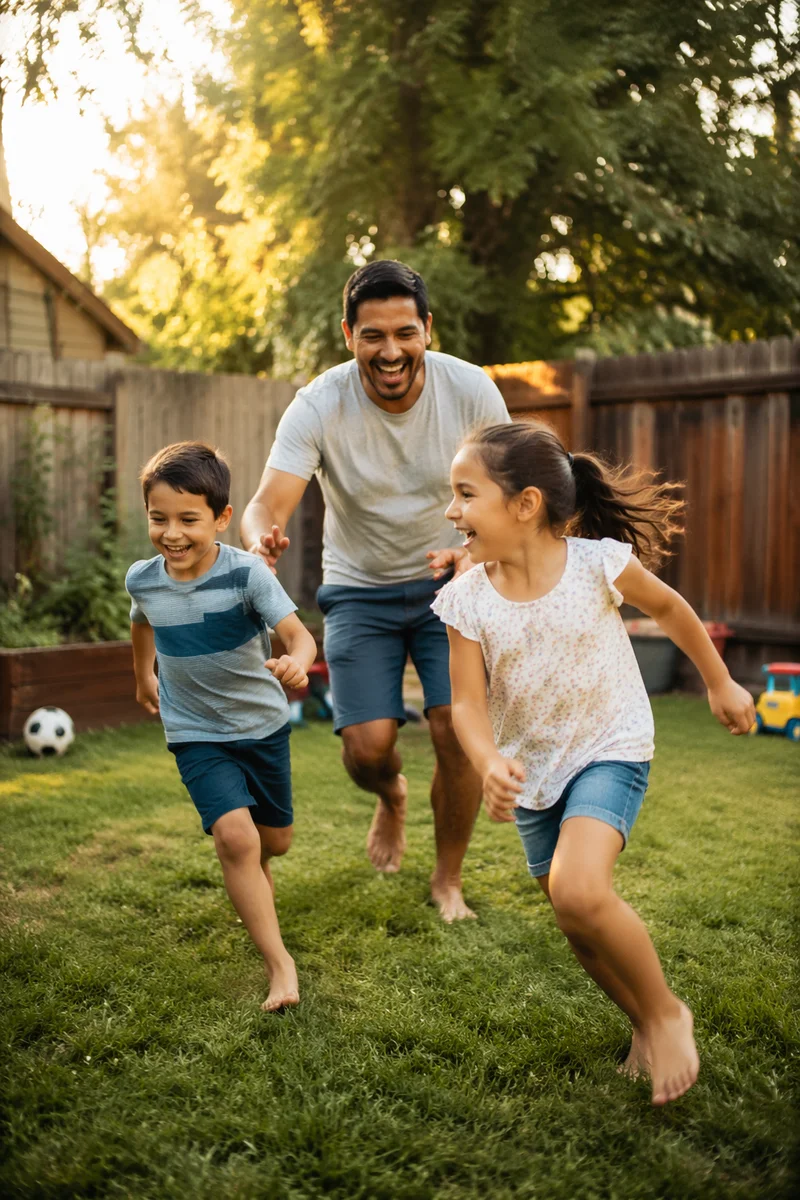 Father Playing Chase with Children Backyard