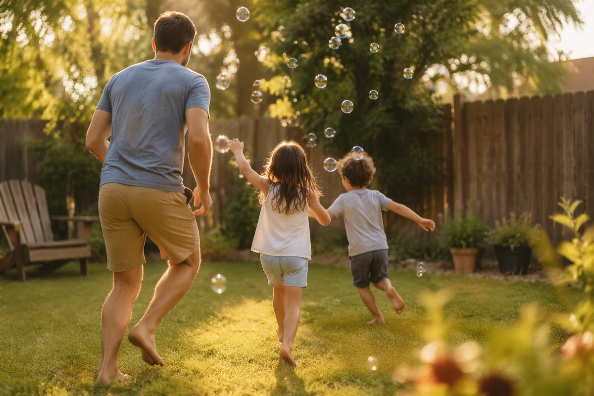 Father Playing with Kids in Backyard