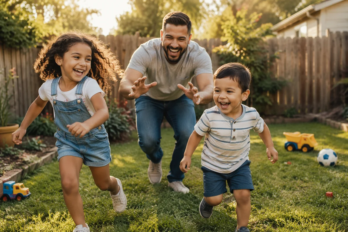 Father Playing Chase with Kids Backyard