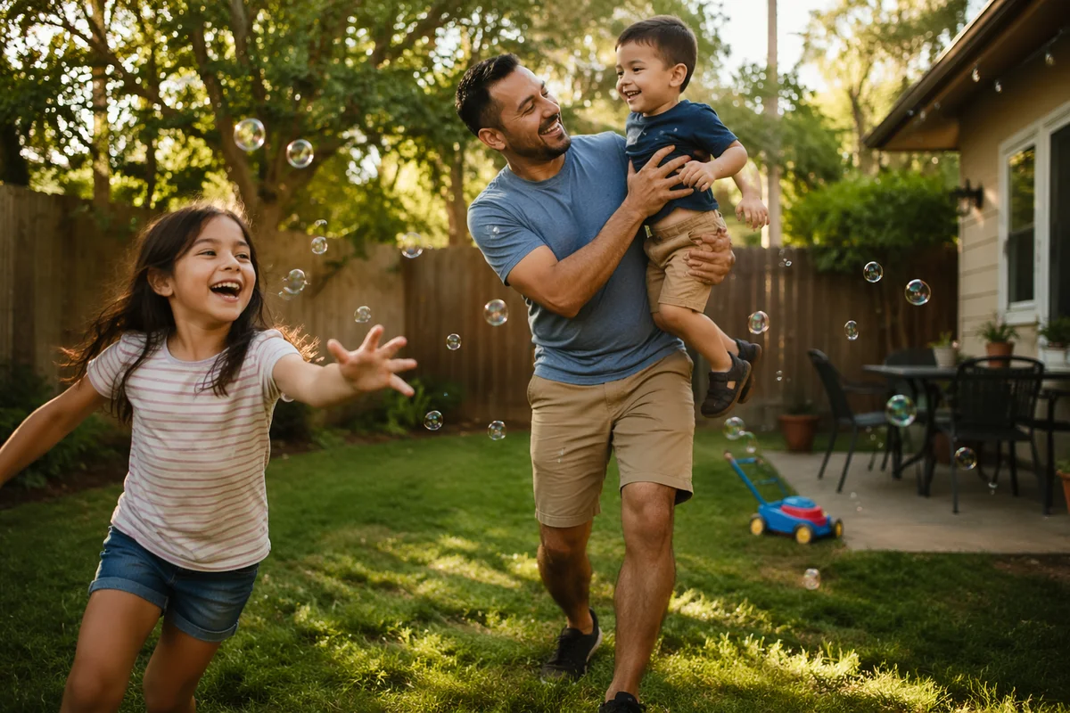 Father Playing with Children in Backyard