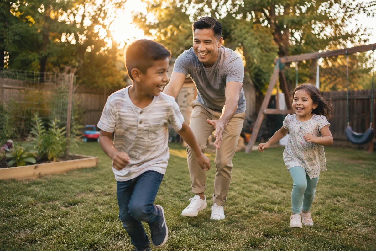 Father Playing Tag with Children Backyard