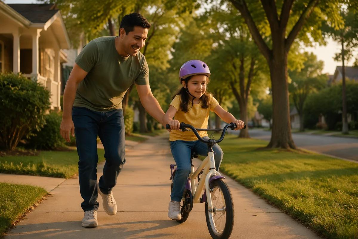 Father Teaching Daughter to Ride Bicycle