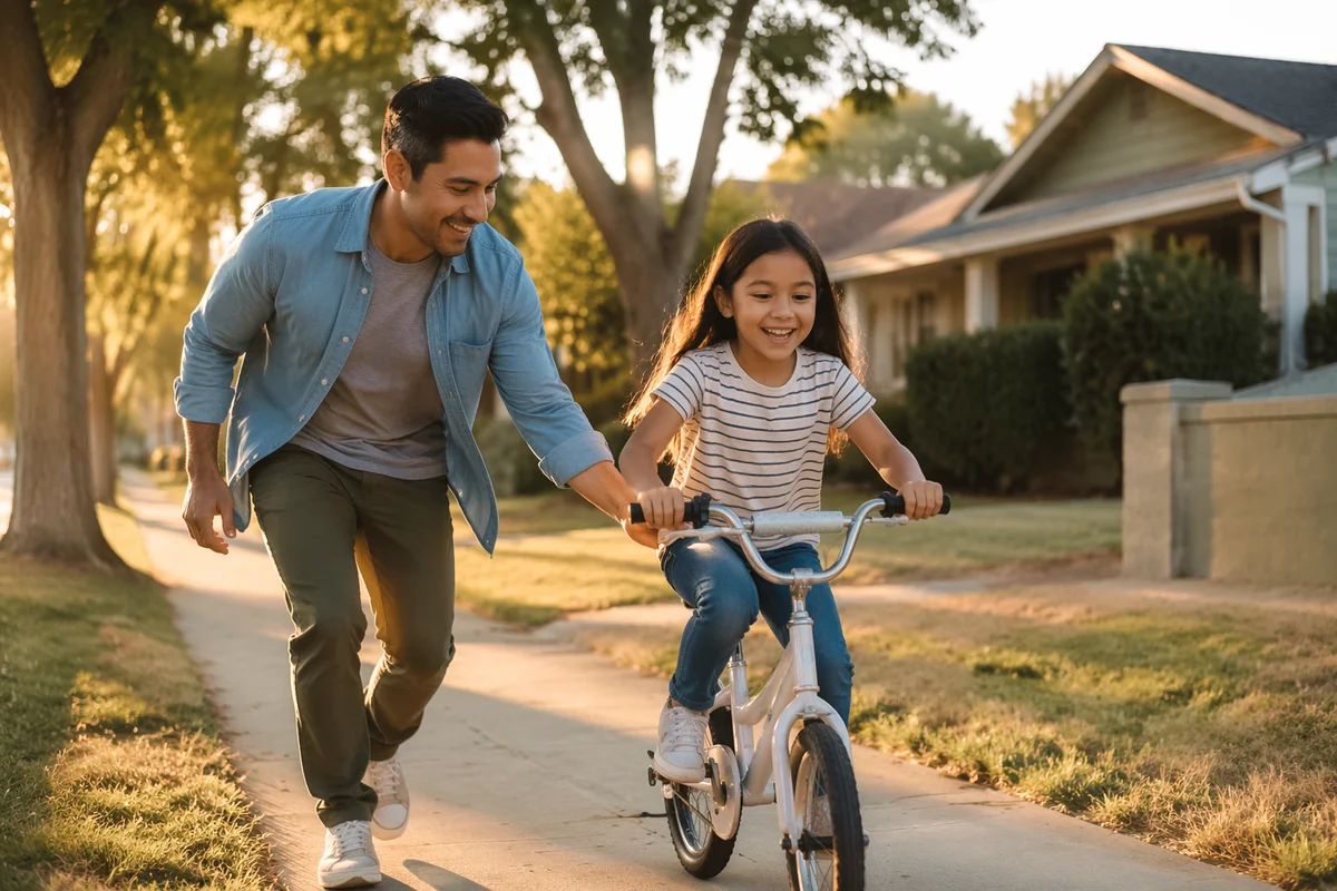 Father Teaching Daughter to Ride Bicycle