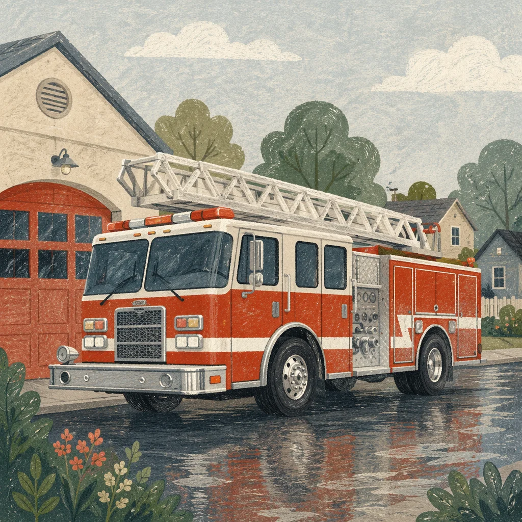 Red Fire Truck Outside Suburban Station