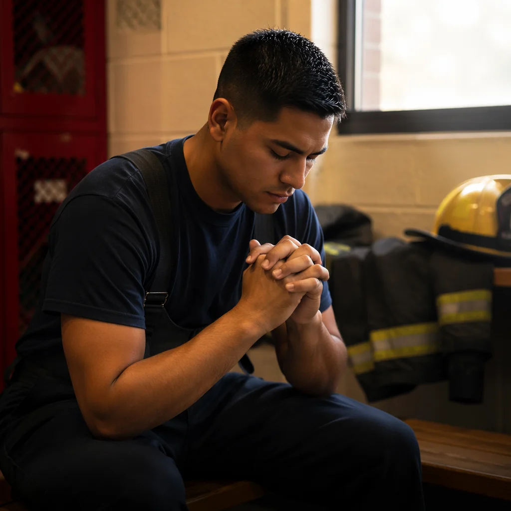 Firefighter Praying on Bench in Break Room