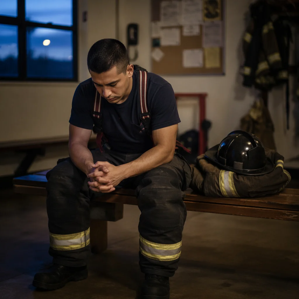 Firefighter Praying in Station Locker Room