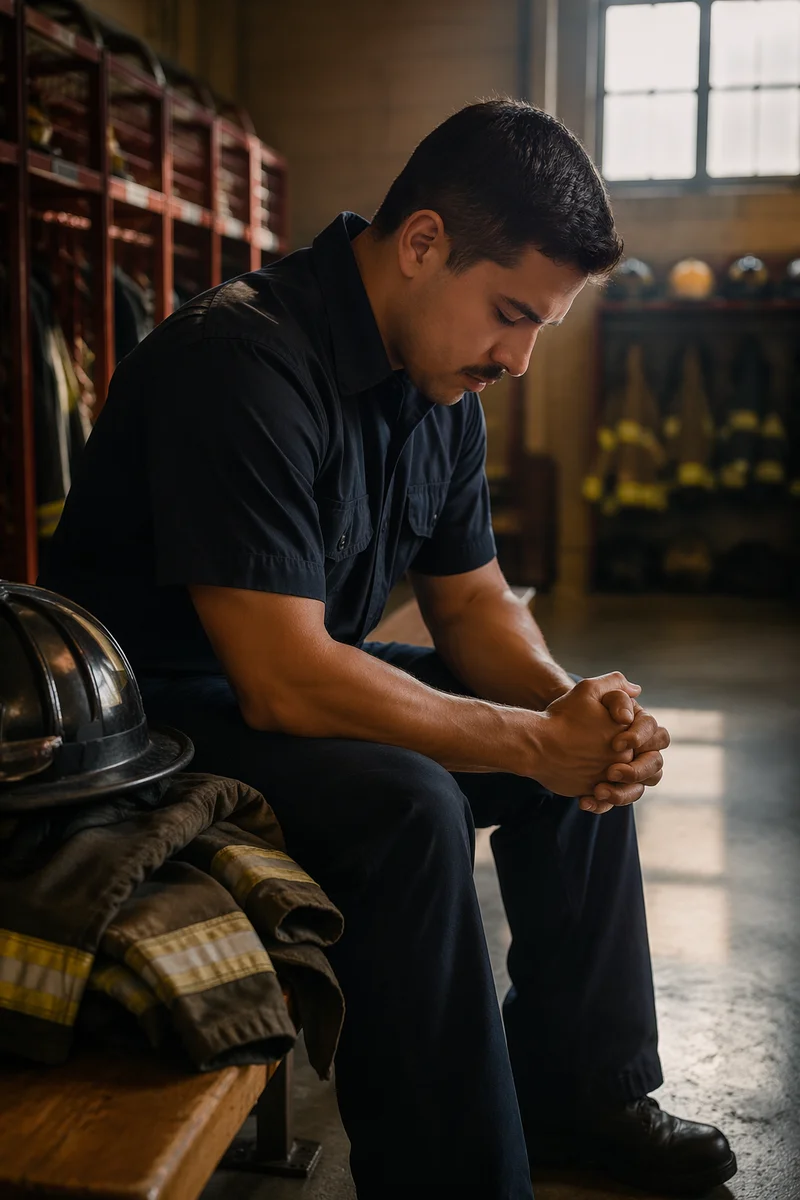 Firefighter Praying Alone in Locker Room