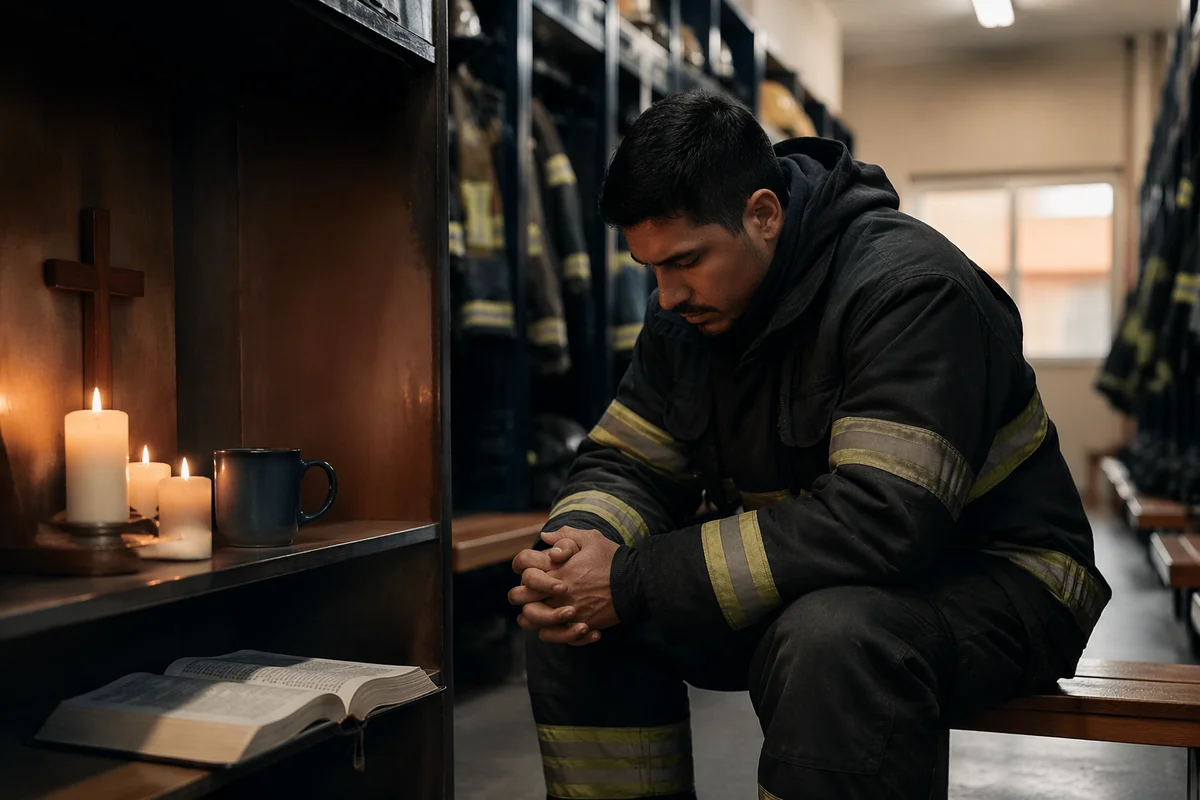 Firefighter in Quiet Locker Room Prayer
