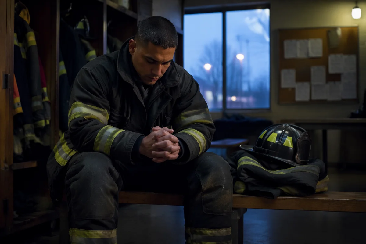 Firefighter Praying in Station Locker Room